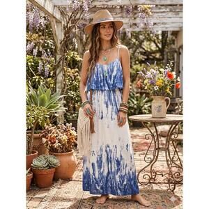 Takara Blue Tie-Dye Maxi Dress Sleeveless Scoop Neck M boho